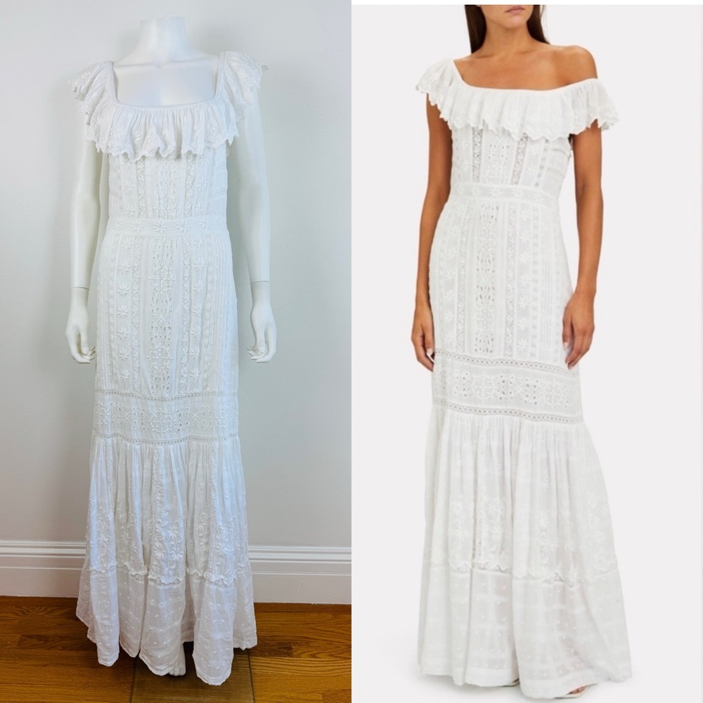 LoveShackFancy Niko Dress White Eyelet Cotton Off Shoulder Maxi